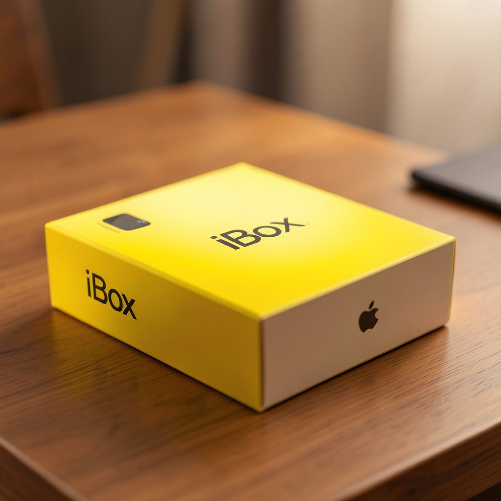 An iPhone box with iBox branding on a desk, warm ambient light.