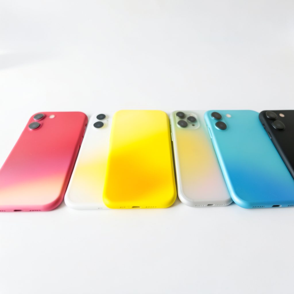 A row of iPhones in different colors on a clean white surface, soft natural lighting.