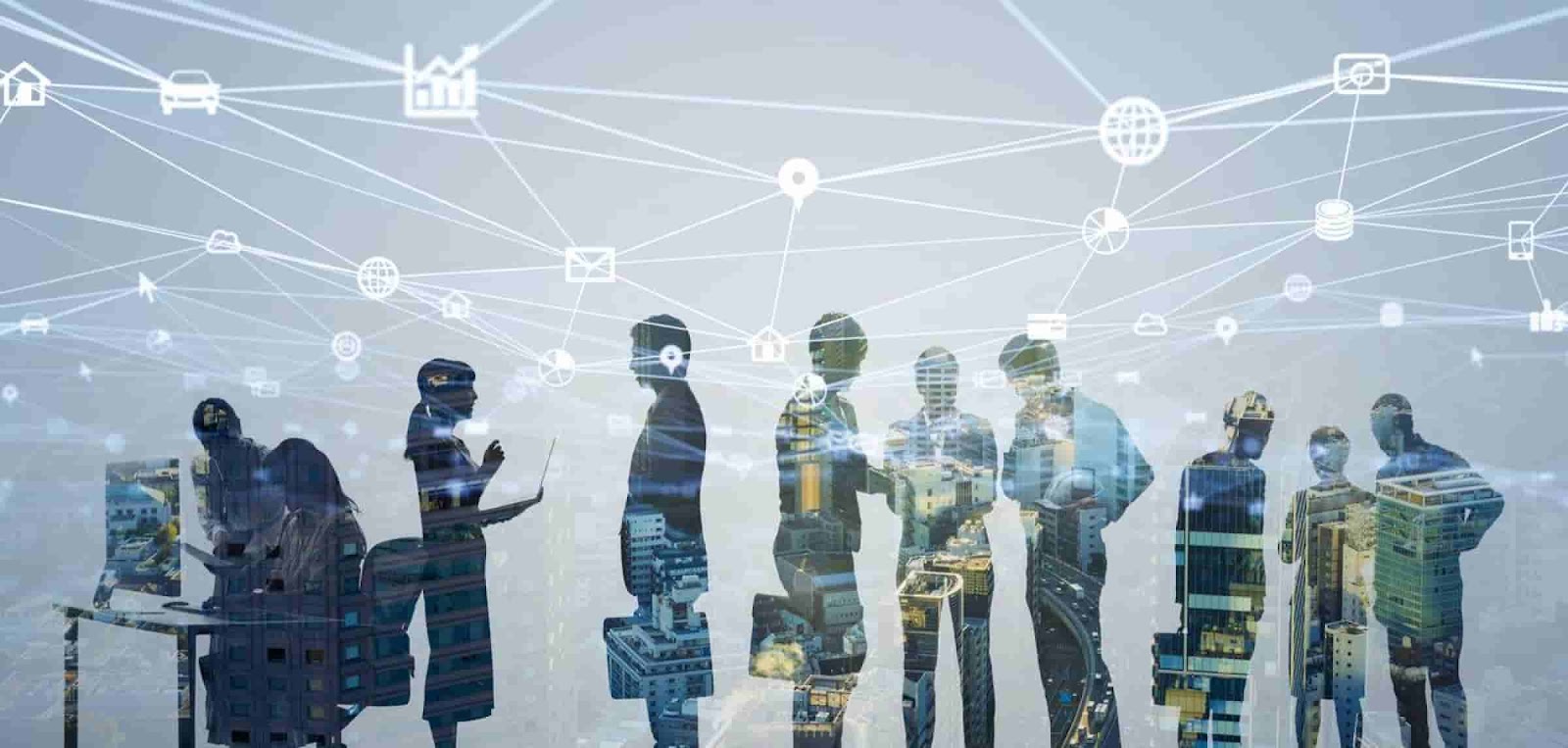 Silhouettes of business people overlaid with city skyline images and a network of connecting lines and icons, in blue and white tones